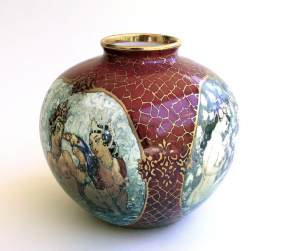 Norman Lindsay vase - completed reproduction: Cone Nine Studios : 2003: 250 x 200 x 200 mm : porcelain and polychrome decals: Photograph: Rod Bamford