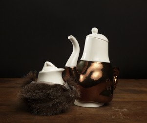 George Briggs (teapot) and Dolly (milkjug): Broached Colonial Commission: Trent Jansen design: Cone Nine Studios: 2011: porcelain: sizes variable. Photograph courtesy Broached Commissions.